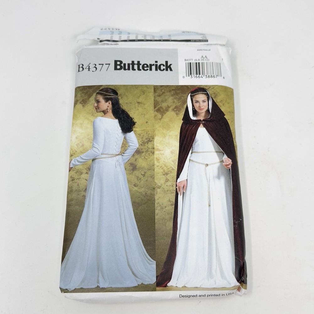 Butterick 4377 Renaissance Costume Sewing Pattern Misses 6-12 Gown Hooded Cape